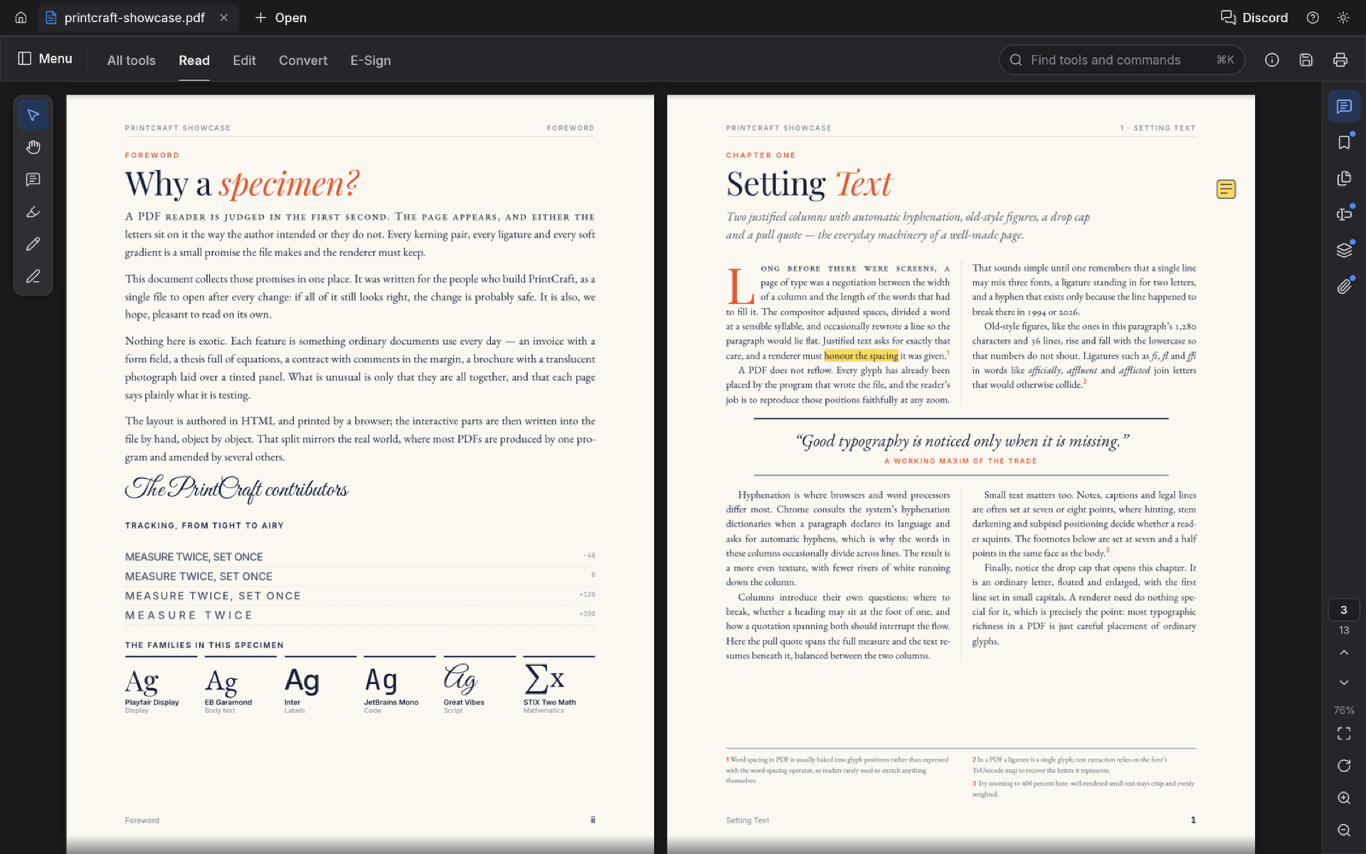 PdfCraft, a free online PDF editor, showing two facing pages in Read mode with the dark theme