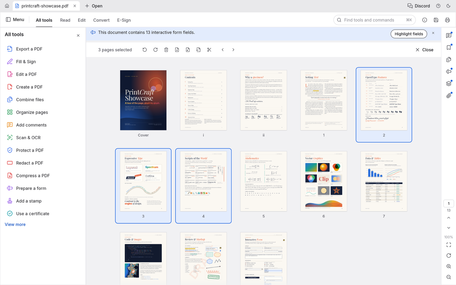 PdfCraft's page organizer showing document pages as draggable cards