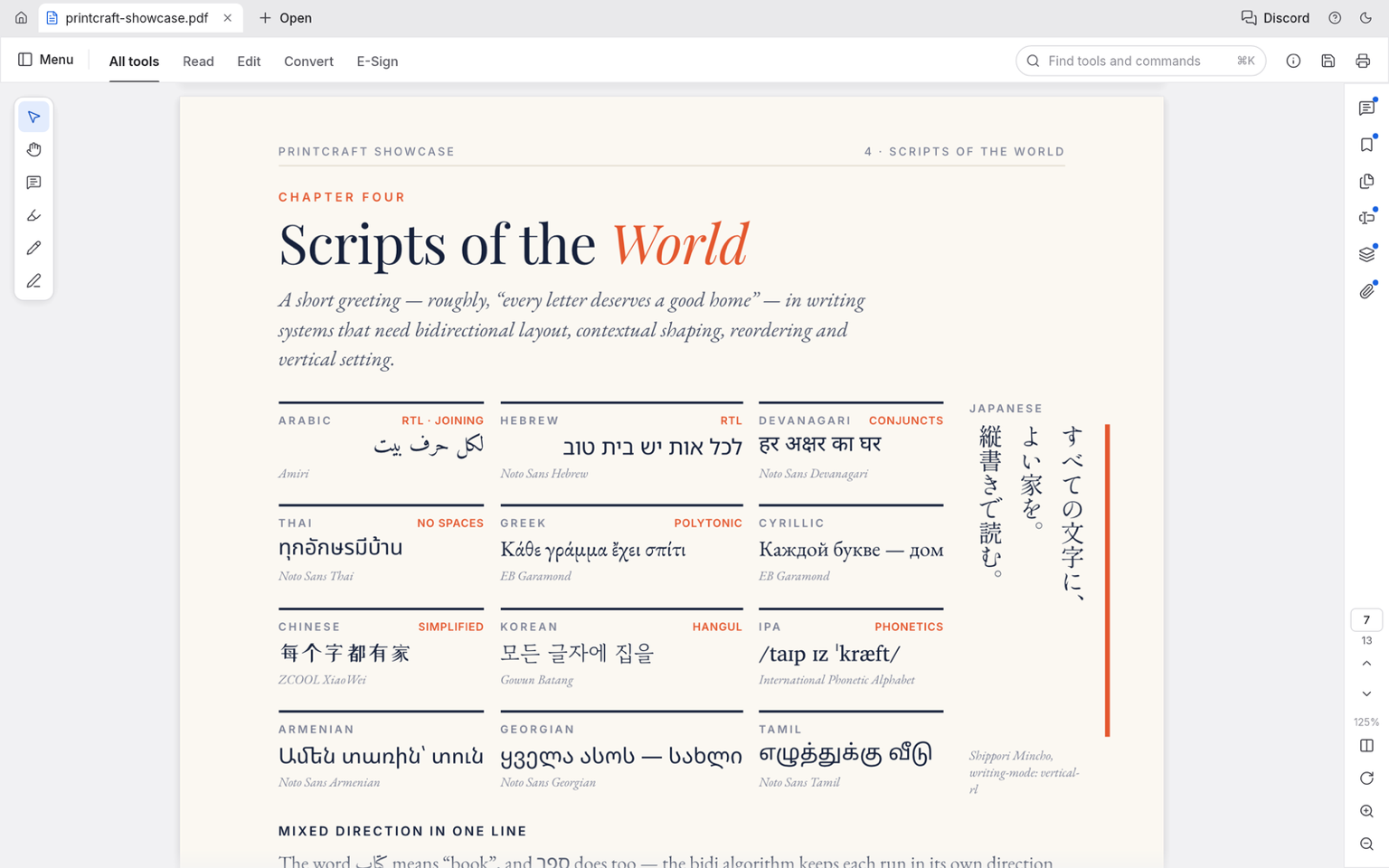 A PDF page rendered by PdfCraft showing Arabic, Hebrew, Devanagari, Thai, Greek, Cyrillic, Chinese, Korean and other scripts, plus vertical Japanese